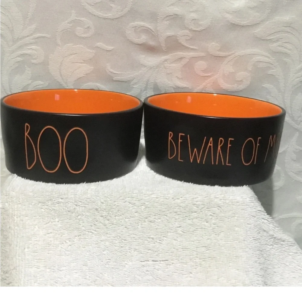 Rae Dunn BOO & BEWARE OF ME Halloween 6” pet Food Water Bowls Black Orange NWOT